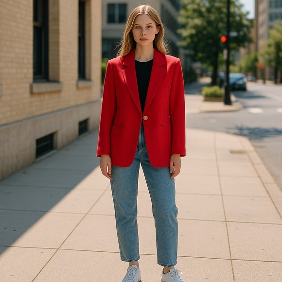 VINTAGE! 90’s Savanna Red Gold 1-Button 100% Wool Blazer Size 6P Business Casual - Picture 1 of 16